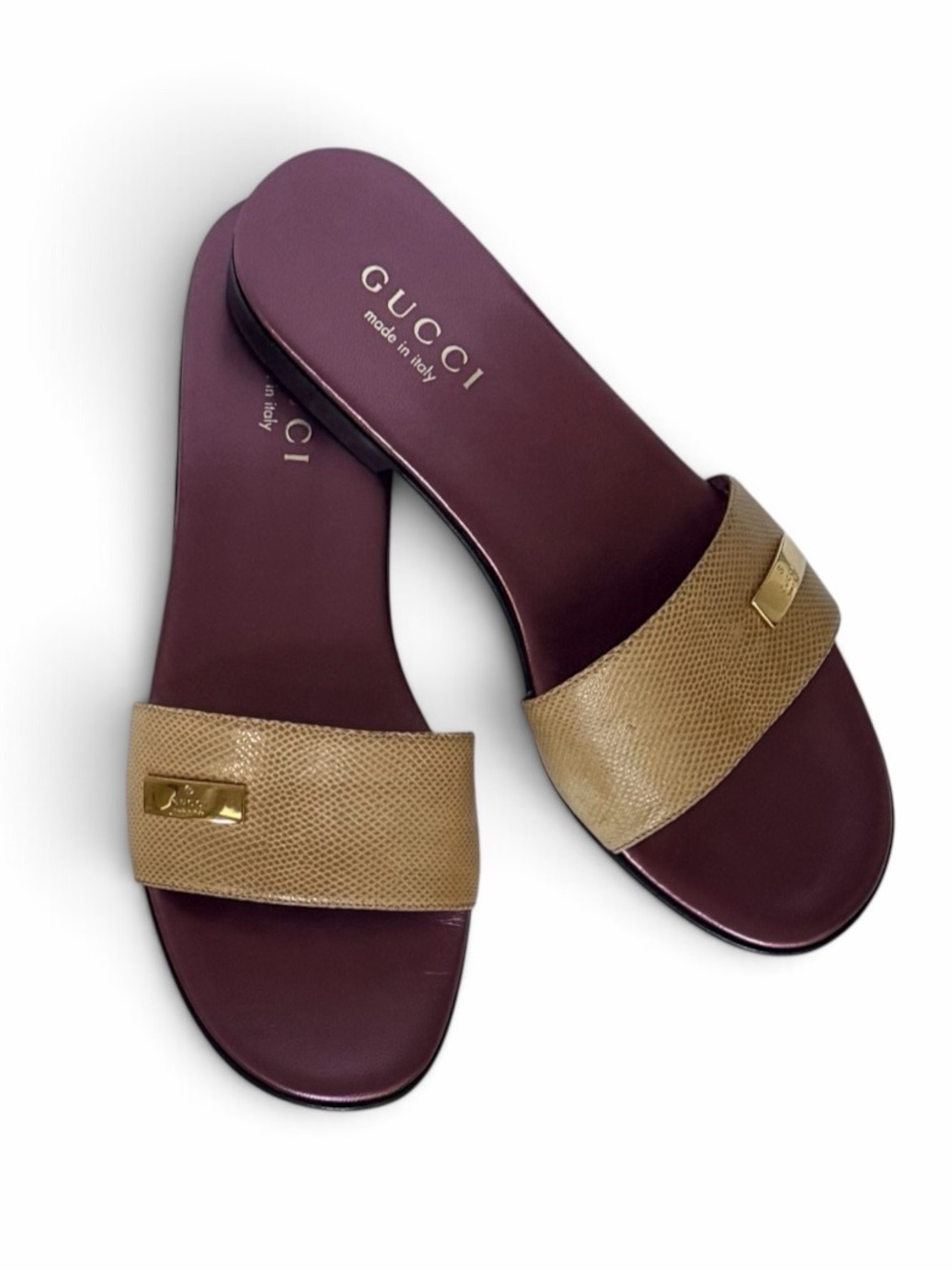 Gucci Tom Ford Tan Snakeskin Karung Leather Slide Sandals Metallic Cherry Size 7